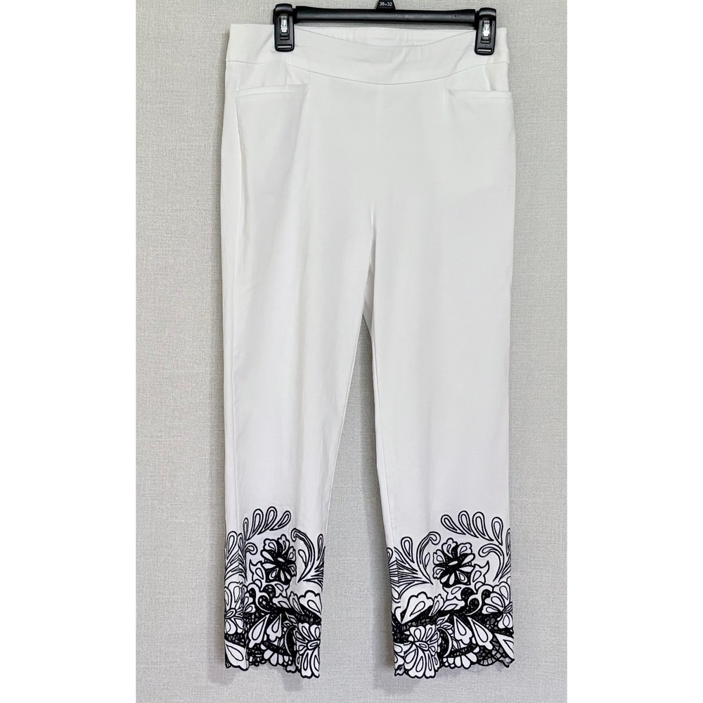 Chicos Brigitte Slimming White Crop Pants Floral Embroidered Hem Sz 0 Small 4
